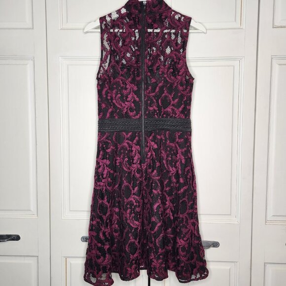 Rachel Roy Lace Cocktail Dress Size 6 Black & Magenta High Neck Fit and Flare - Picture 5 of 9